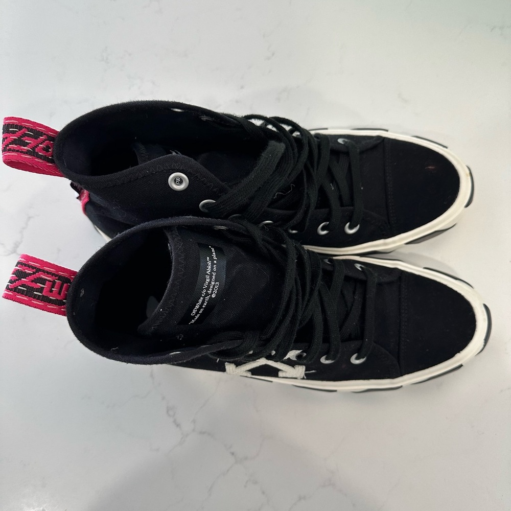 Off white black and white vulcanized mid top sneaker